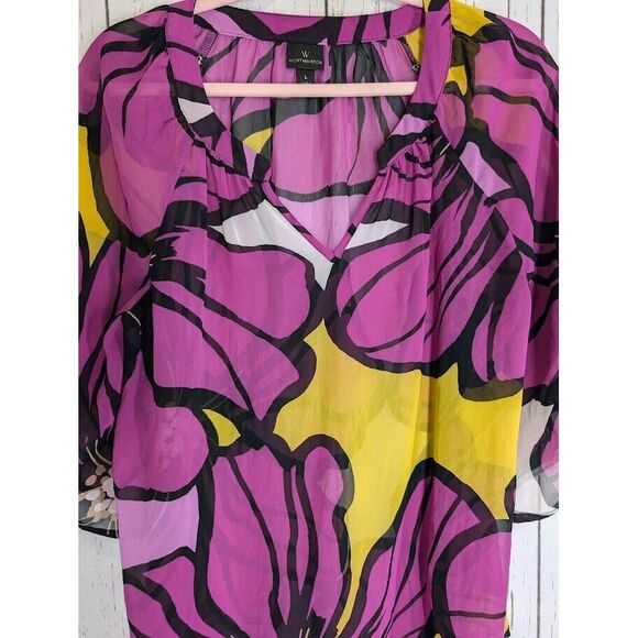 Worthington Size Large Pink Black‎ Floral Womens Split V Neck Blouse - Picture 3 of 7